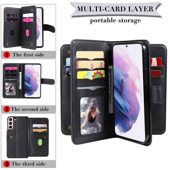 For Samsung Galaxy S22 5G Leather Case with 10 Card Holder Phone Cover Stand - Black - 2