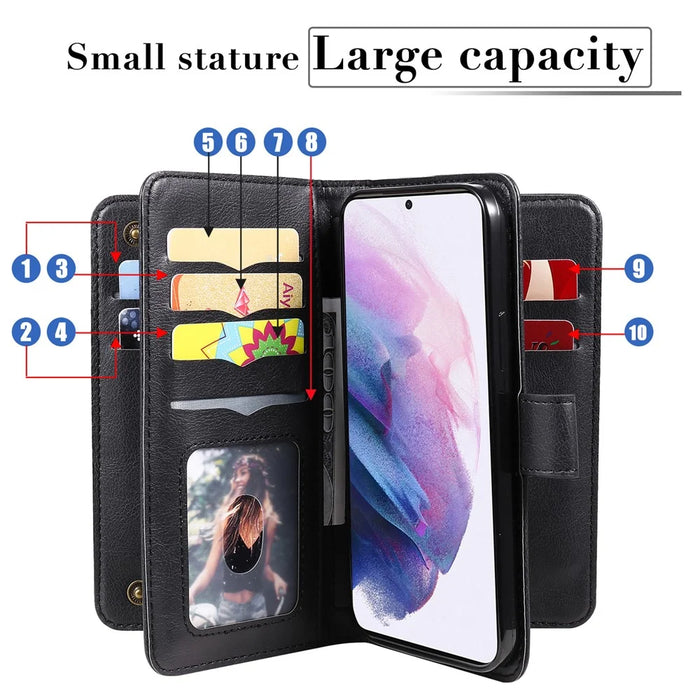 For Samsung Galaxy S22 5G Leather Case with 10 Card Holder Phone Cover Stand - Black - 3