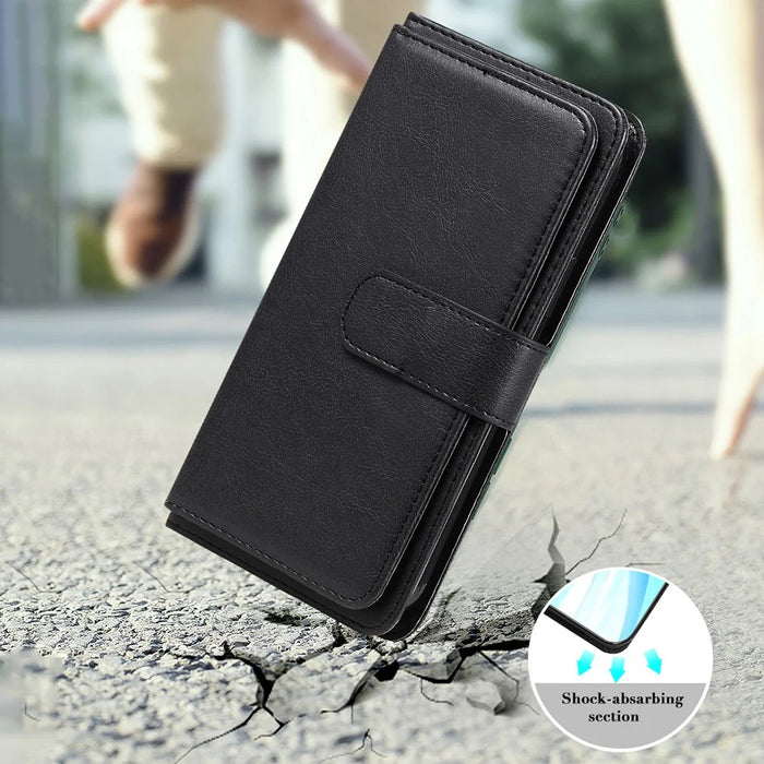 For Samsung Galaxy S22 5G Leather Case with 10 Card Holder Phone Cover Stand - Black - 5