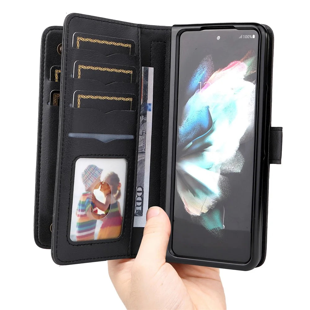 For Samsung Galaxy Z Fold3 5G Leather Case with 10 Card Holder Phone Cover Stand - Black - 1