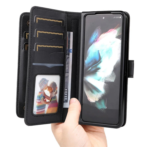 For Samsung Galaxy Z Fold3 5G Leather Case with 10 Card Holder Phone Cover Stand - Black - 1