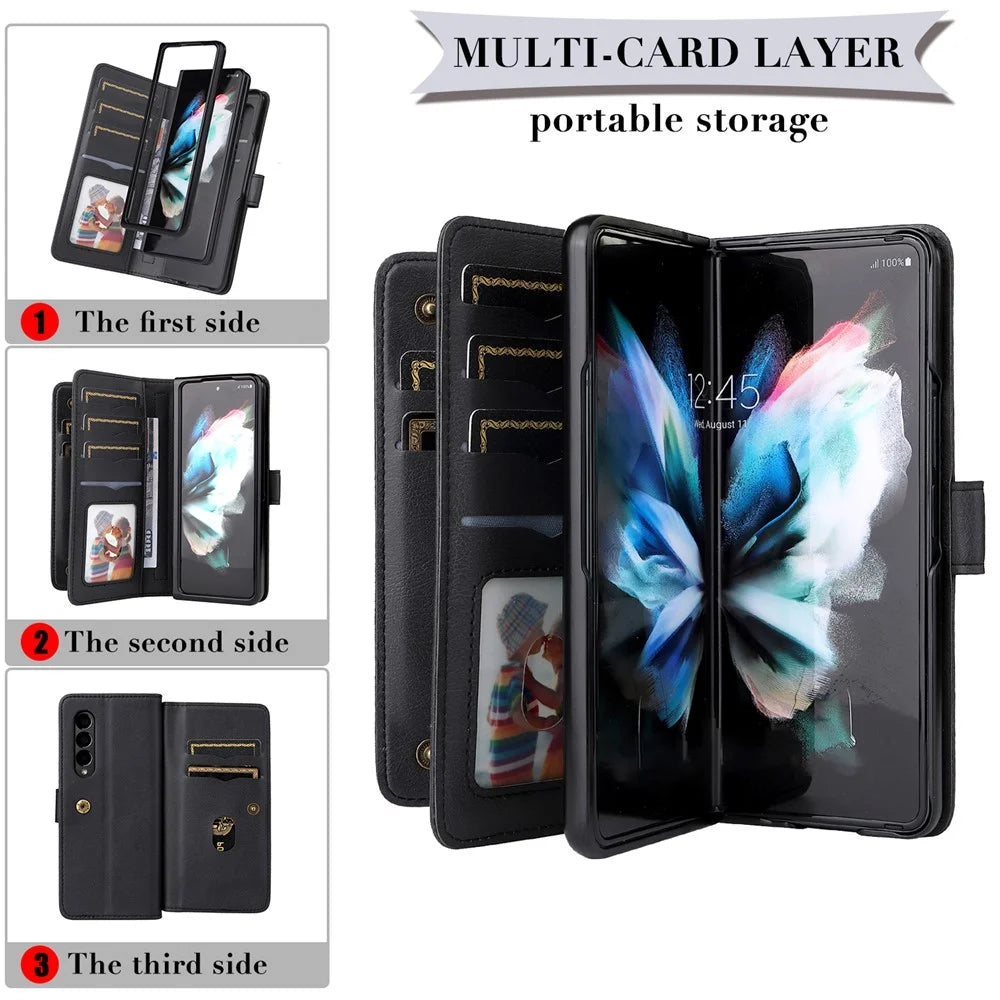 For Samsung Galaxy Z Fold3 5G Leather Case with 10 Card Holder Phone Cover Stand - Black - 2