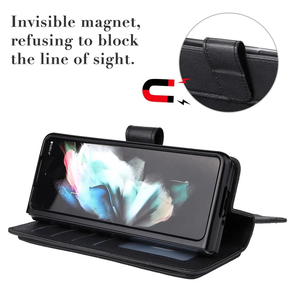 For Samsung Galaxy Z Fold3 5G Leather Case with 10 Card Holder Phone Cover Stand - Black - 4