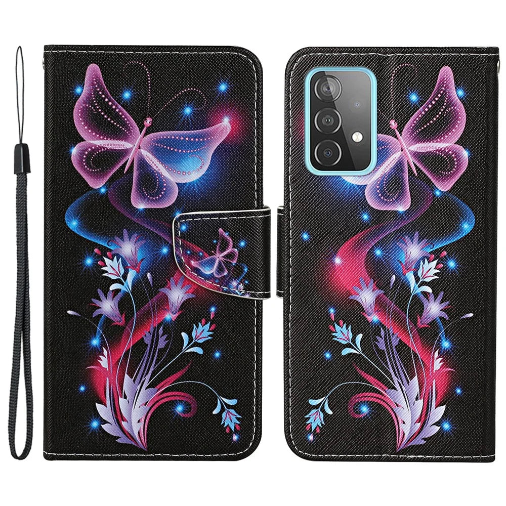 Pattern Printing Flip Wallet Case Cross Texture PU Leather Stand Protective Shell with Strap for Samsung Galaxy A53 5G - Fluorescent Butterflies - 1