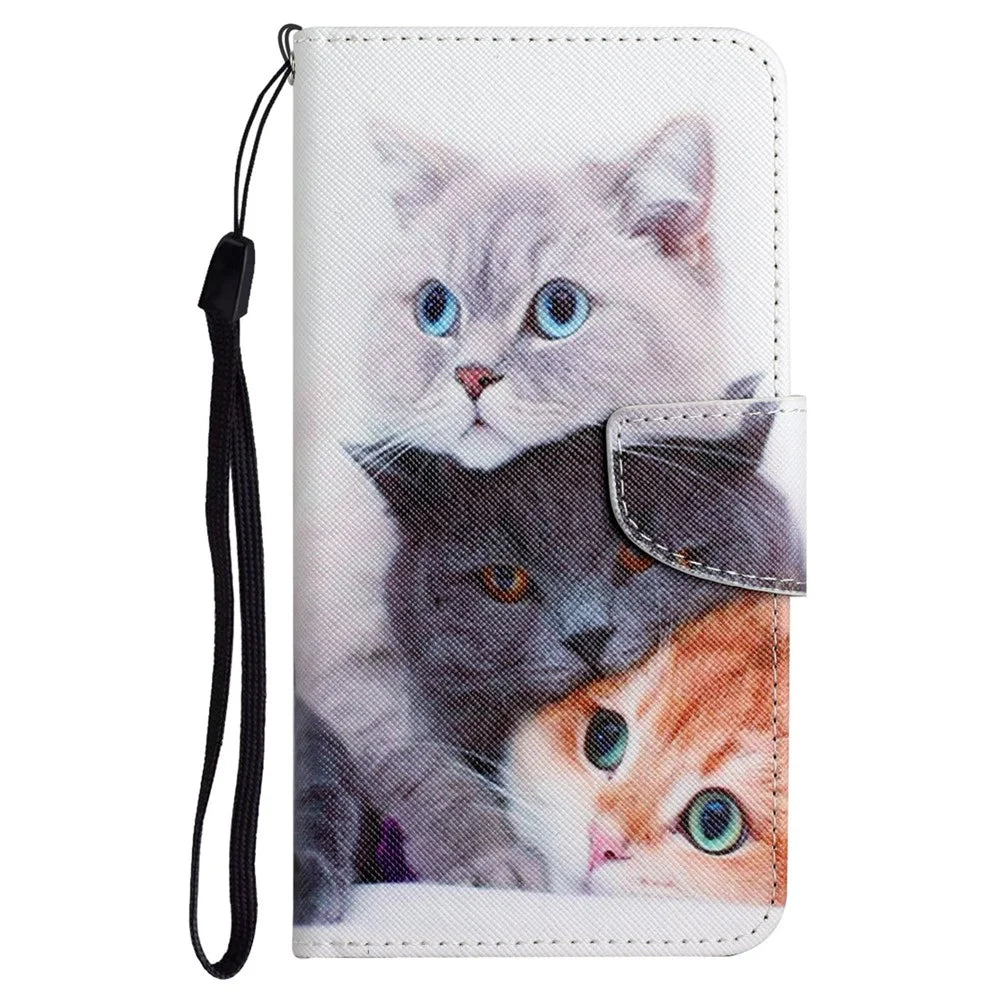Cross Texture Pattern Printing PU Leather + TPU Phone Cover Stand Wallet Case Protector with Hand Strap for Samsung Galaxy A53 5G - Three Cats - 2