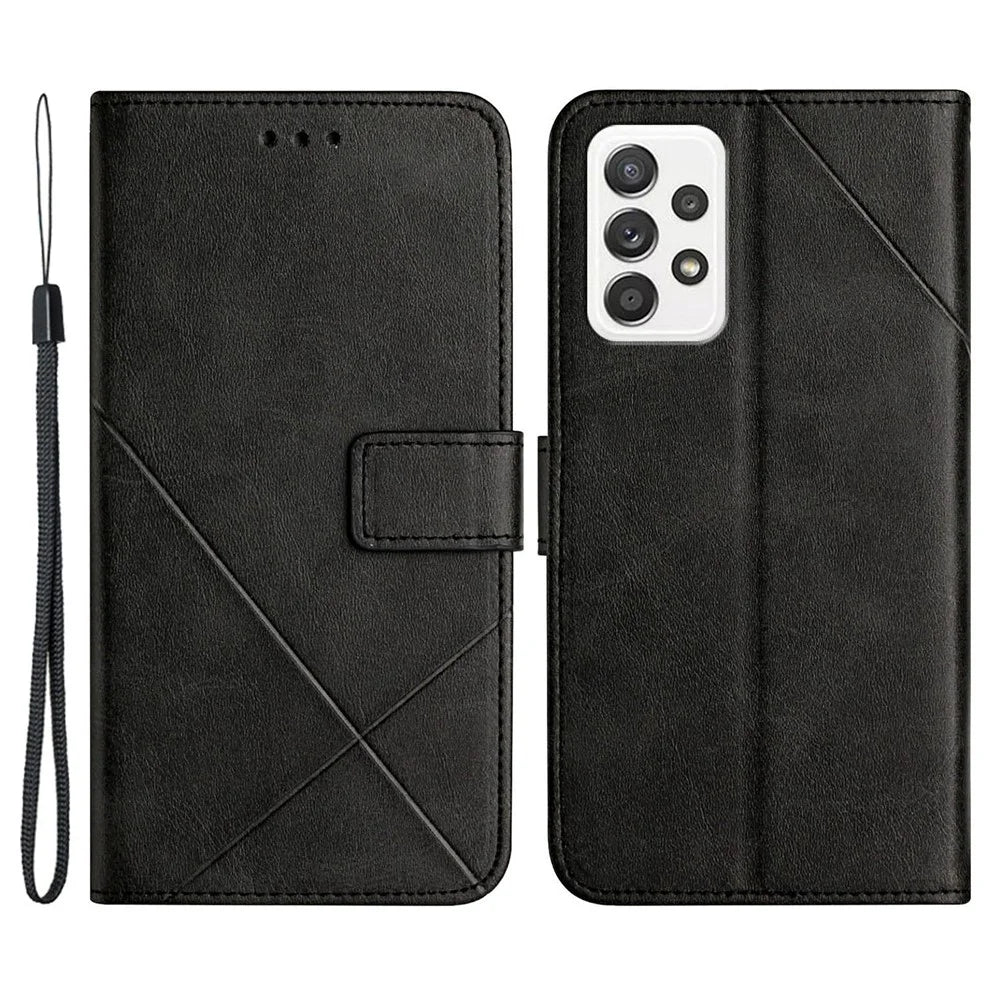 For Samsung Galaxy A53 5G Solid Color Imprinting Lines Stand Wallet PU Leather Cover Folio Flip Phone Case - Black - 1