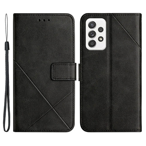 For Samsung Galaxy A53 5G Solid Color Imprinting Lines Stand Wallet PU Leather Cover Folio Flip Phone Case - Black - 1
