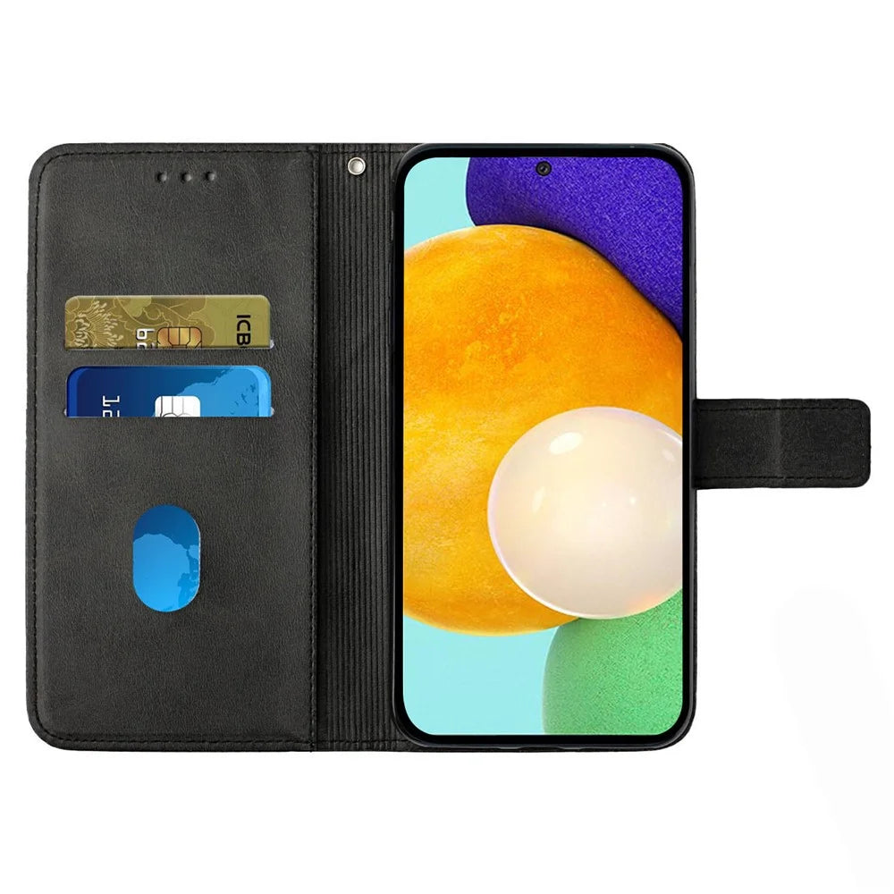 For Samsung Galaxy A53 5G Solid Color Imprinting Lines Stand Wallet PU Leather Cover Folio Flip Phone Case - Black - 5
