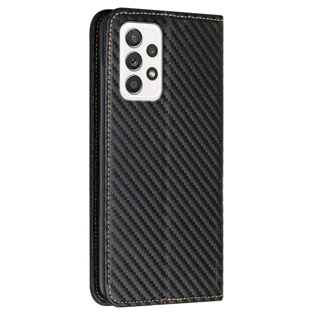 For Samsung Galaxy A53 5G Carbon Fiber Texture Magnetic Auto-absorbed PU Leather Case with Stand Wallet - Black - 3