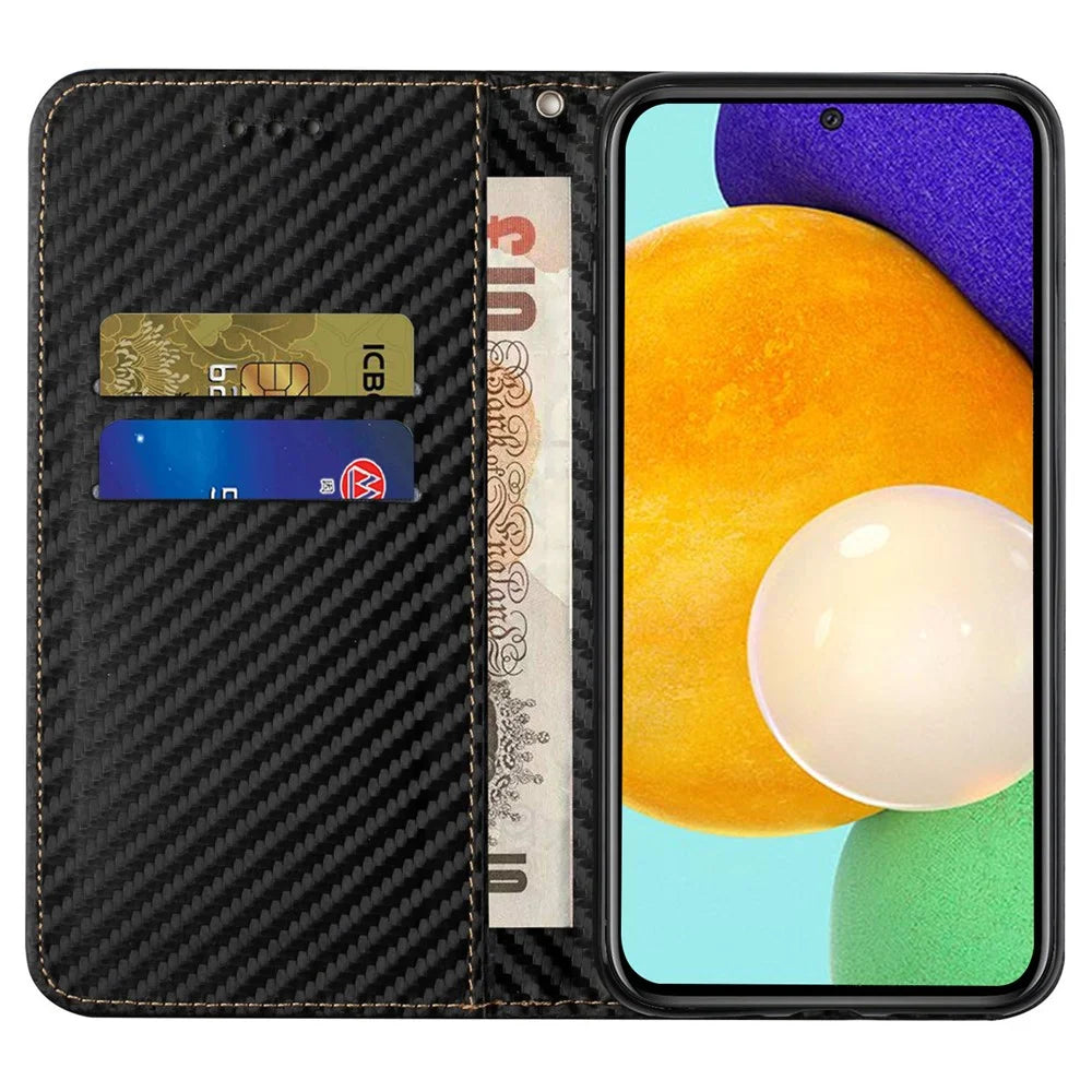 For Samsung Galaxy A53 5G Carbon Fiber Texture Magnetic Auto-absorbed PU Leather Case with Stand Wallet - Black - 5