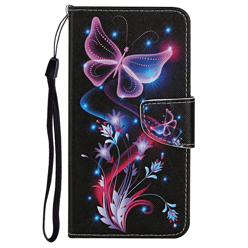 For Samsung Galaxy A33 5G Cross Texture PU Leather Folio Flip Stand Cover Pattern Printing Wallet Case with Strap - Fluorescent Butterflies - 2