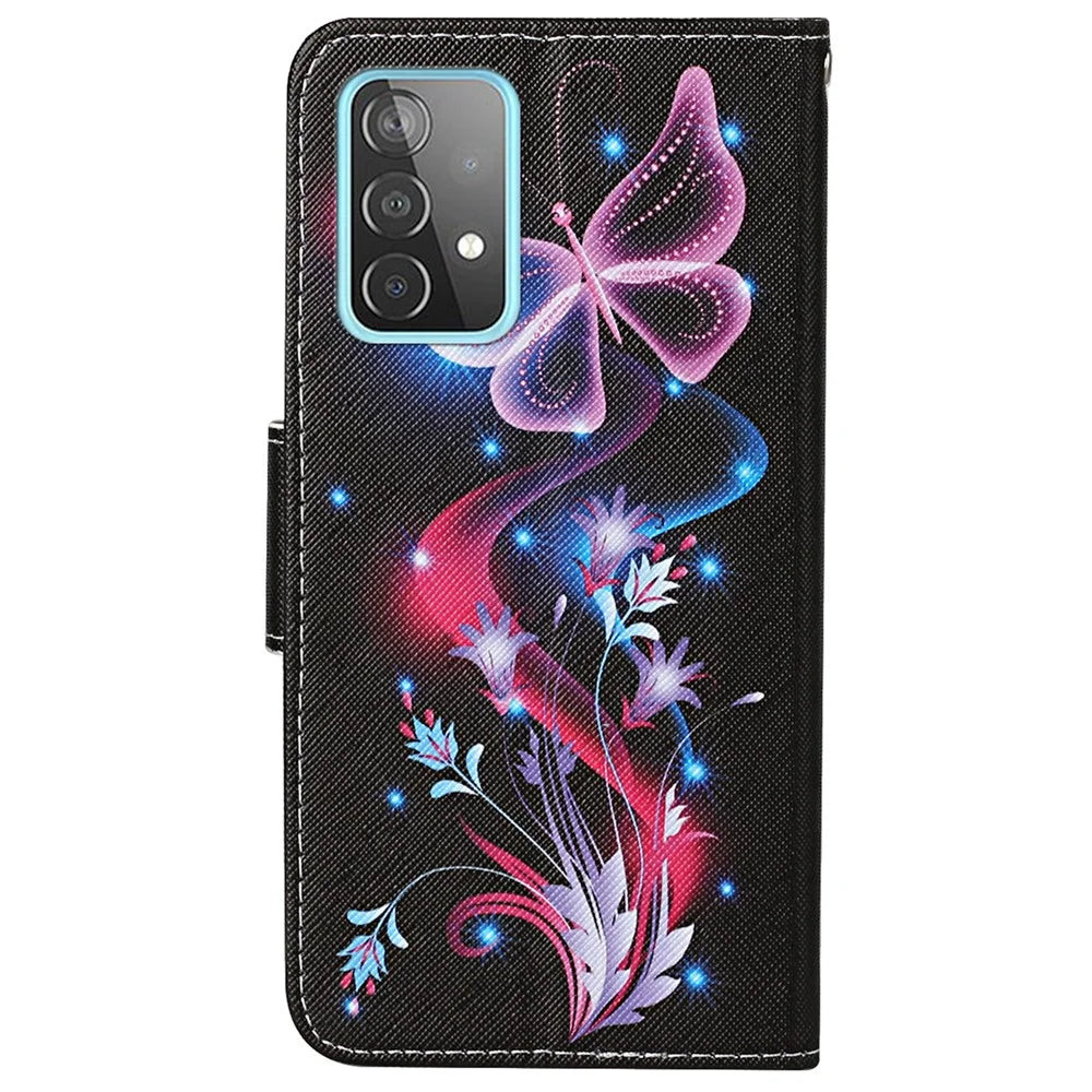 For Samsung Galaxy A33 5G Cross Texture PU Leather Folio Flip Stand Cover Pattern Printing Wallet Case with Strap - Fluorescent Butterflies - 3