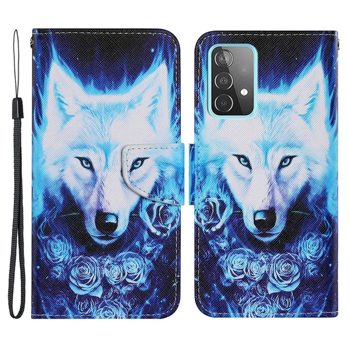 Pattern Printing Cross Texture Leather Wallet Cover Stand Magnetic Flip Case with Strap for Samsung Galaxy A33 5G -  Rose and Wolf - 1