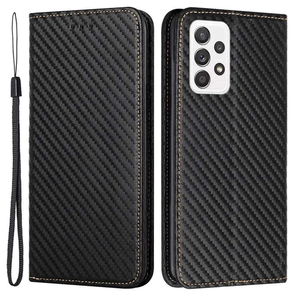 For Samsung Galaxy A33 5G Carbon Fiber Texture PU Leather Stand Wallet Case Magnetic Auto Closing Phone Cover - Black - 1