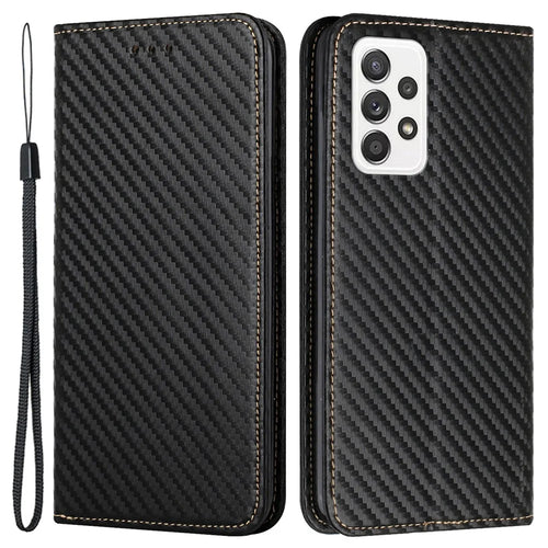 For Samsung Galaxy A33 5G Carbon Fiber Texture PU Leather Stand Wallet Case Magnetic Auto Closing Phone Cover - Black - 1