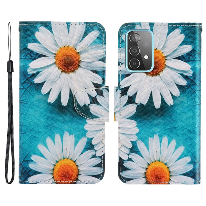PU Leather + TPU Phone Case Pattern Printing Stand Wallet Protective Shell with Strap for Samsung Galaxy A53 5G - Chrysanthemum - 1