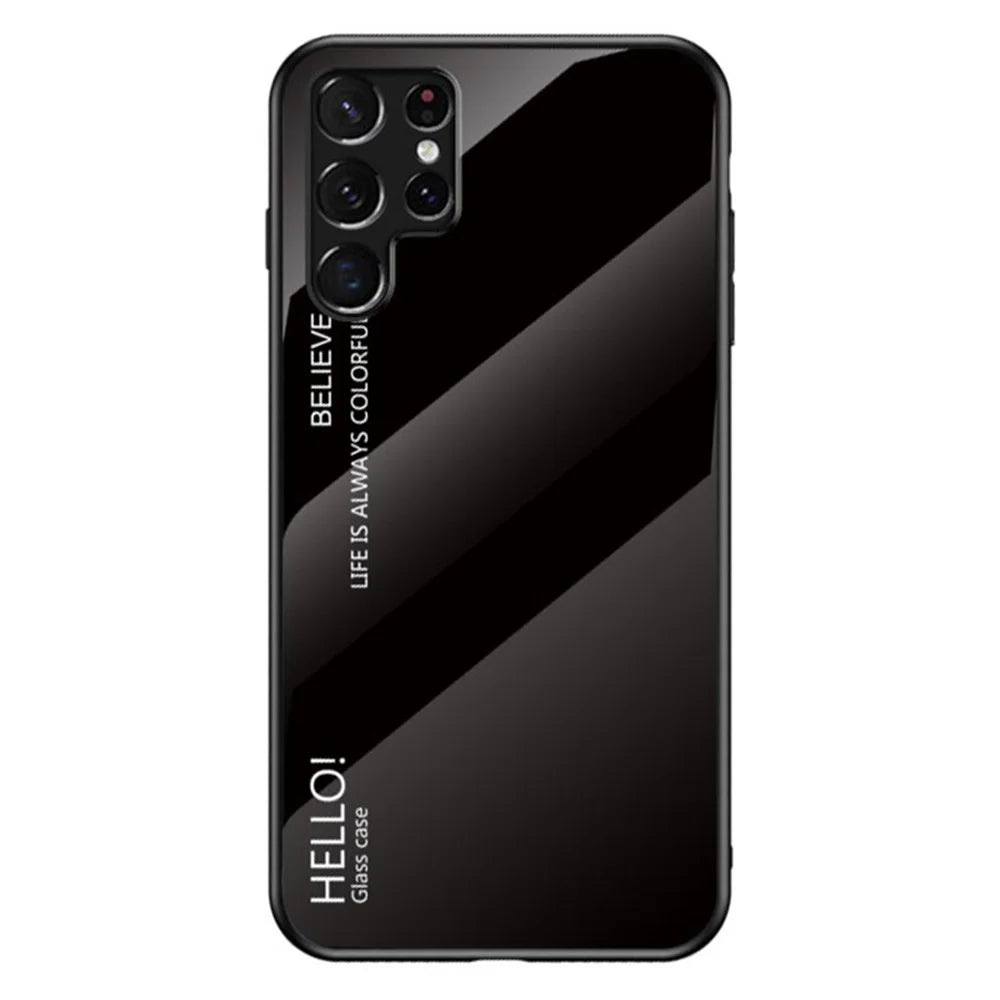 Tempered Glass PC Back Panel + TPU Frame Hybrid Case Gradient Color Phone Cover for Samsung Galaxy S22 Ultra 5G - Black - 1