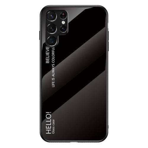 Tempered Glass PC Back Panel + TPU Frame Hybrid Case Gradient Color Phone Cover for Samsung Galaxy S22 Ultra 5G - Black - 1