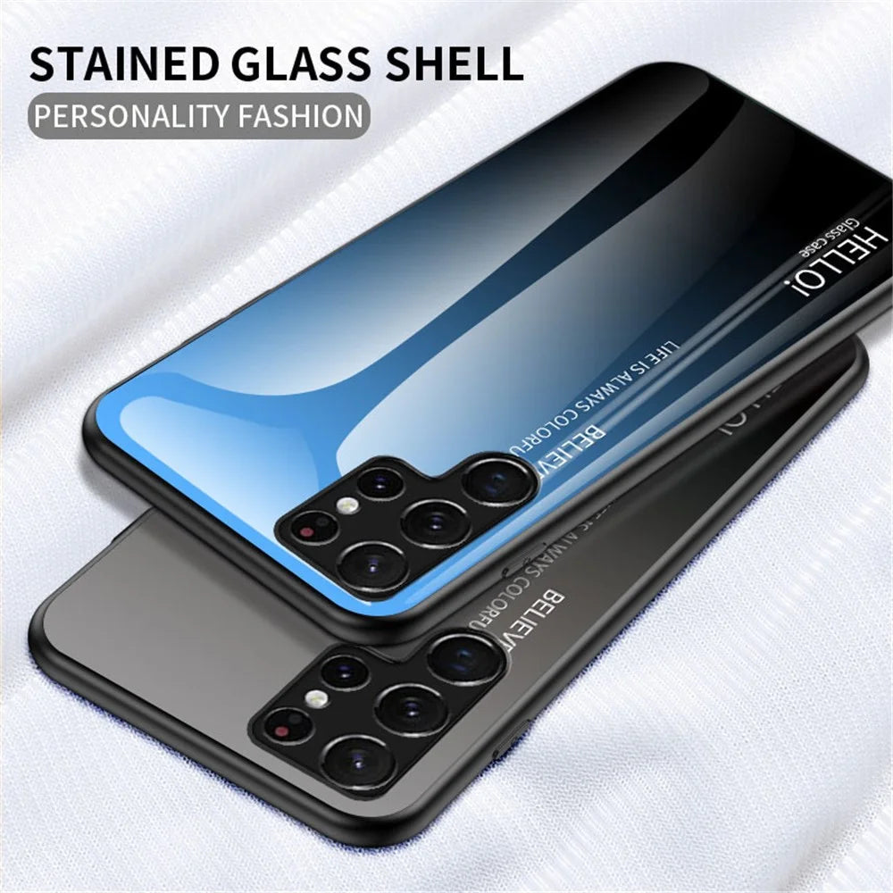 Tempered Glass PC Back Panel + TPU Frame Hybrid Case Gradient Color Phone Cover for Samsung Galaxy S22 Ultra 5G - Black - 2