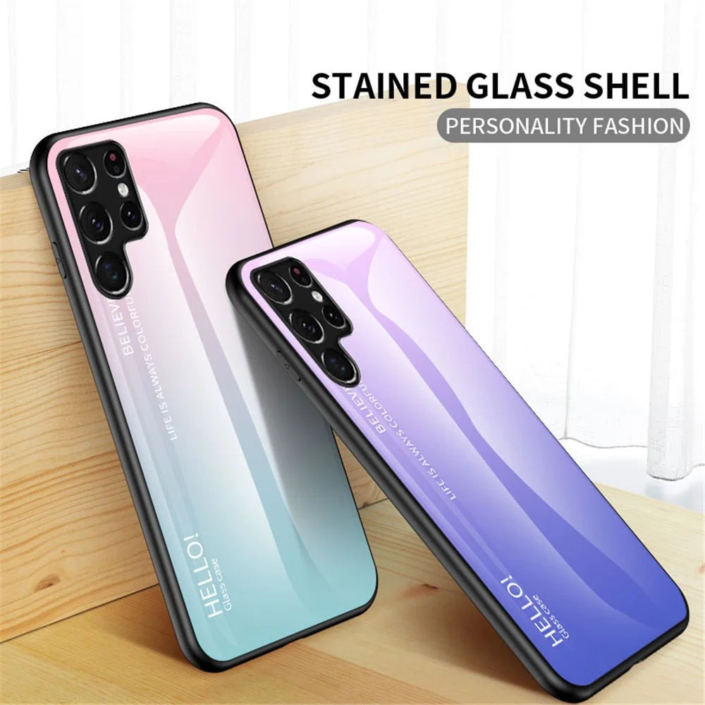 Tempered Glass PC Back Panel + TPU Frame Hybrid Case Gradient Color Phone Cover for Samsung Galaxy S22 Ultra 5G - Black - 3