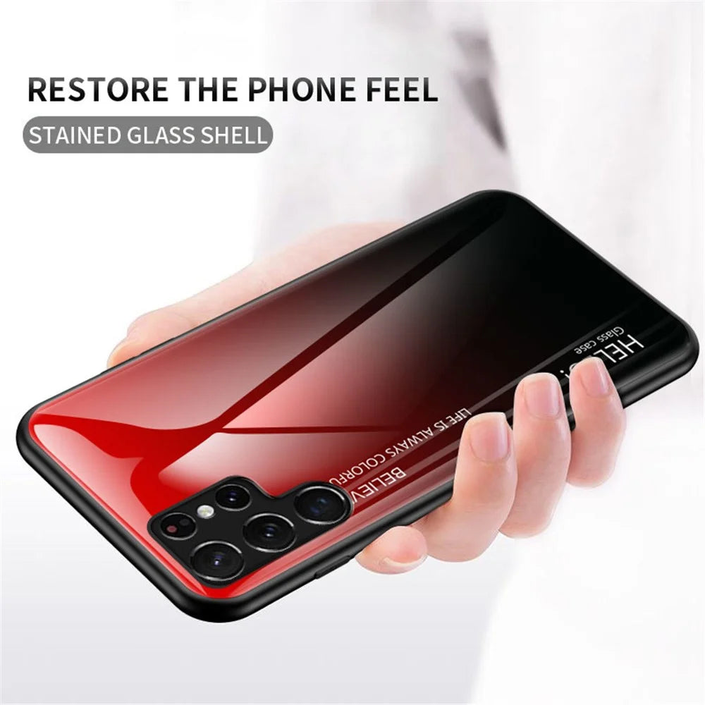 Tempered Glass PC Back Panel + TPU Frame Hybrid Case Gradient Color Phone Cover for Samsung Galaxy S22 Ultra 5G - Black - 4