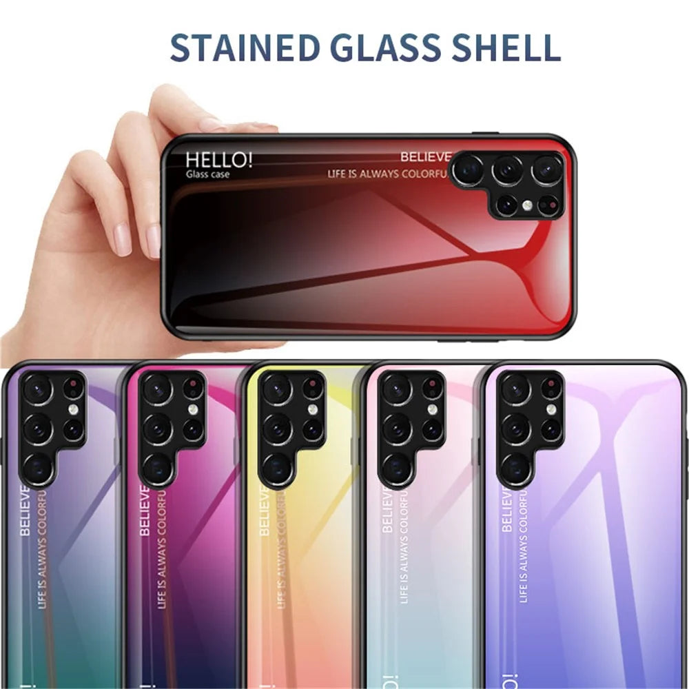 Tempered Glass PC Back Panel + TPU Frame Hybrid Case Gradient Color Phone Cover for Samsung Galaxy S22 Ultra 5G - Black - 5