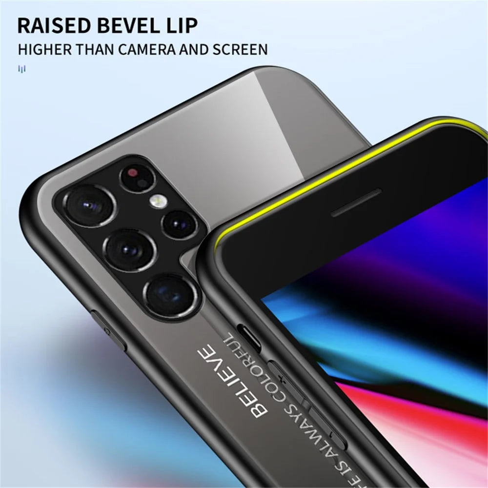 Tempered Glass PC Back Panel + TPU Frame Hybrid Case Gradient Color Phone Cover for Samsung Galaxy S22 Ultra 5G - Black - 7
