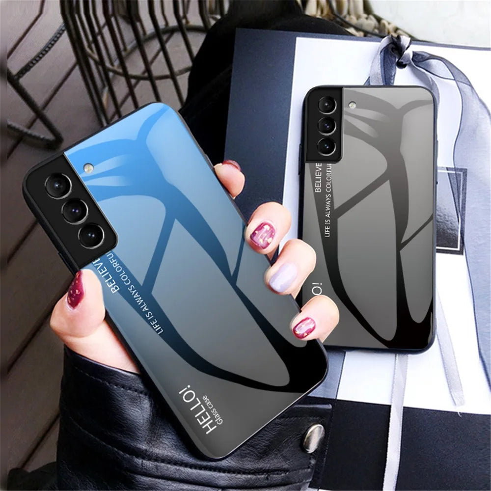 Gradient Color Tempered Glass Shockproof Hybrid Cover Phone Case for Samsung Galaxy S22 5G - Black - 6