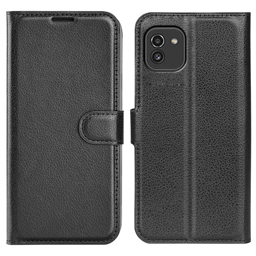 For Samsung Galaxy A03 (164.2mm) Litchi Texture Soft Inner TPU Case + PU Leather Cover with Wallet Stand - Black - 1