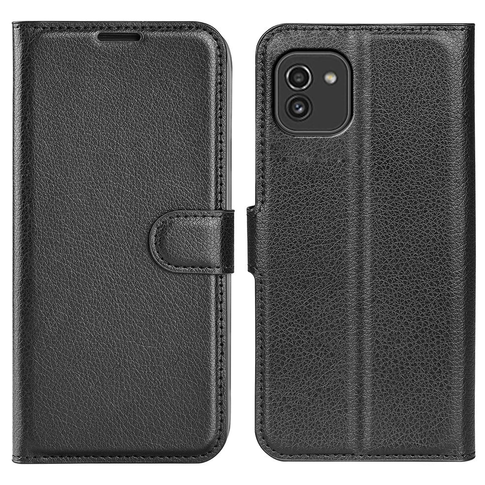 For Samsung Galaxy A03 (164.2mm) Litchi Texture Soft Inner TPU Case + PU Leather Cover with Wallet Stand - Black - 1