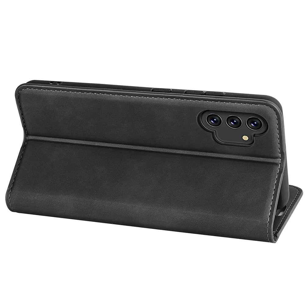 For Samsung Galaxy A13 4G Skin-touch PU Leather Wallet Case Foldable Stand Auto Closing Magnetic Flip Phone Cover - Black - 6