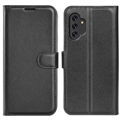 For Samsung Galaxy A13 4G Litchi Texture PU Leather Cover Wallet Stand Magnetic Clasp Folio Flip Phone Case - Black - 1