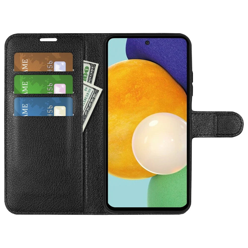 For Samsung Galaxy A13 4G Litchi Texture PU Leather Cover Wallet Stand Magnetic Clasp Folio Flip Phone Case - Black - 5