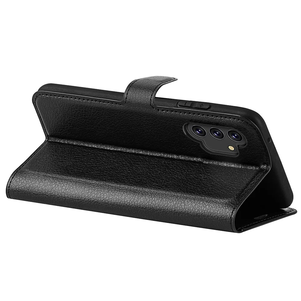 For Samsung Galaxy A13 4G Litchi Texture PU Leather Cover Wallet Stand Magnetic Clasp Folio Flip Phone Case - Black - 6