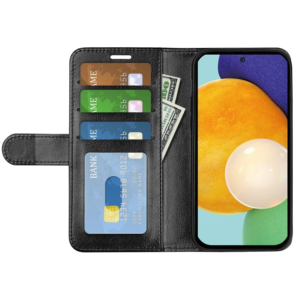 For Samsung Galaxy A13 4G Full Protection Crazy Horse Texture PU Leather Wallet Case Stand Shockproof TPU Inner Shell Phone Cover - Black - 4