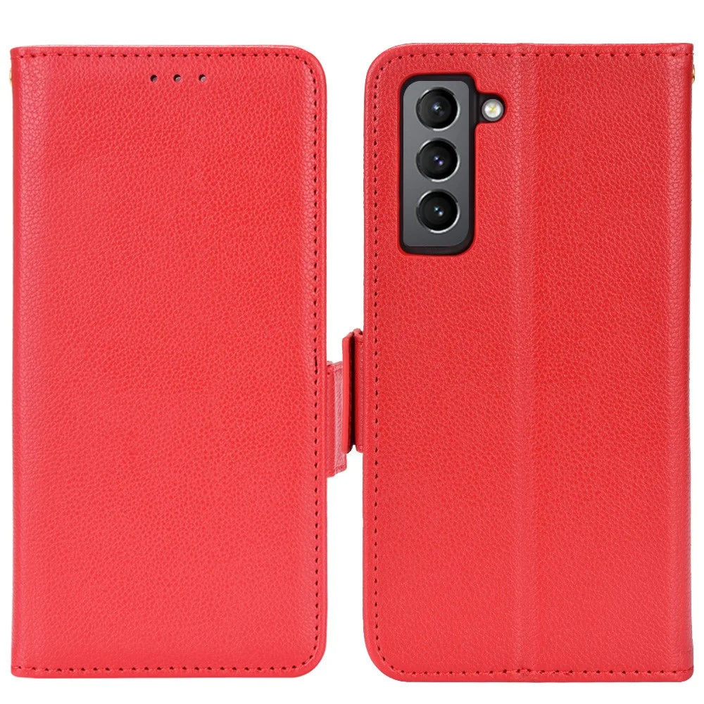 Litchi Texture Shockproof PU Leather Wallet Cover Double Magnetic Closure Flip Phone Case with Stand for Samsung Galaxy S22+ 5G - Red - 1