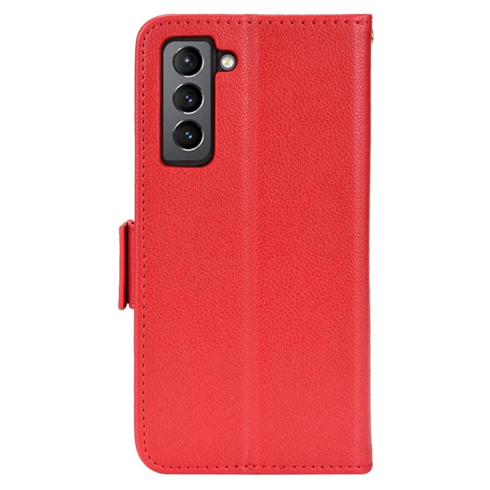 Litchi Texture Shockproof PU Leather Wallet Cover Double Magnetic Closure Flip Phone Case with Stand for Samsung Galaxy S22+ 5G - Red - 3