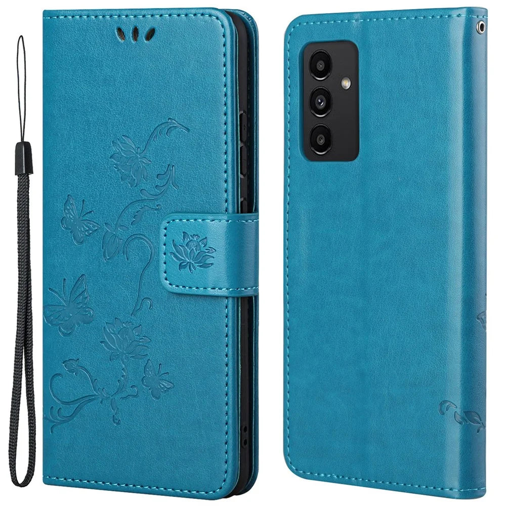 For Samsung Galaxy A13 4G Imprinted Butterflies Flower Anti-fall PU Leather Wallet Function Phone Case Stand Shell - Blue - 1