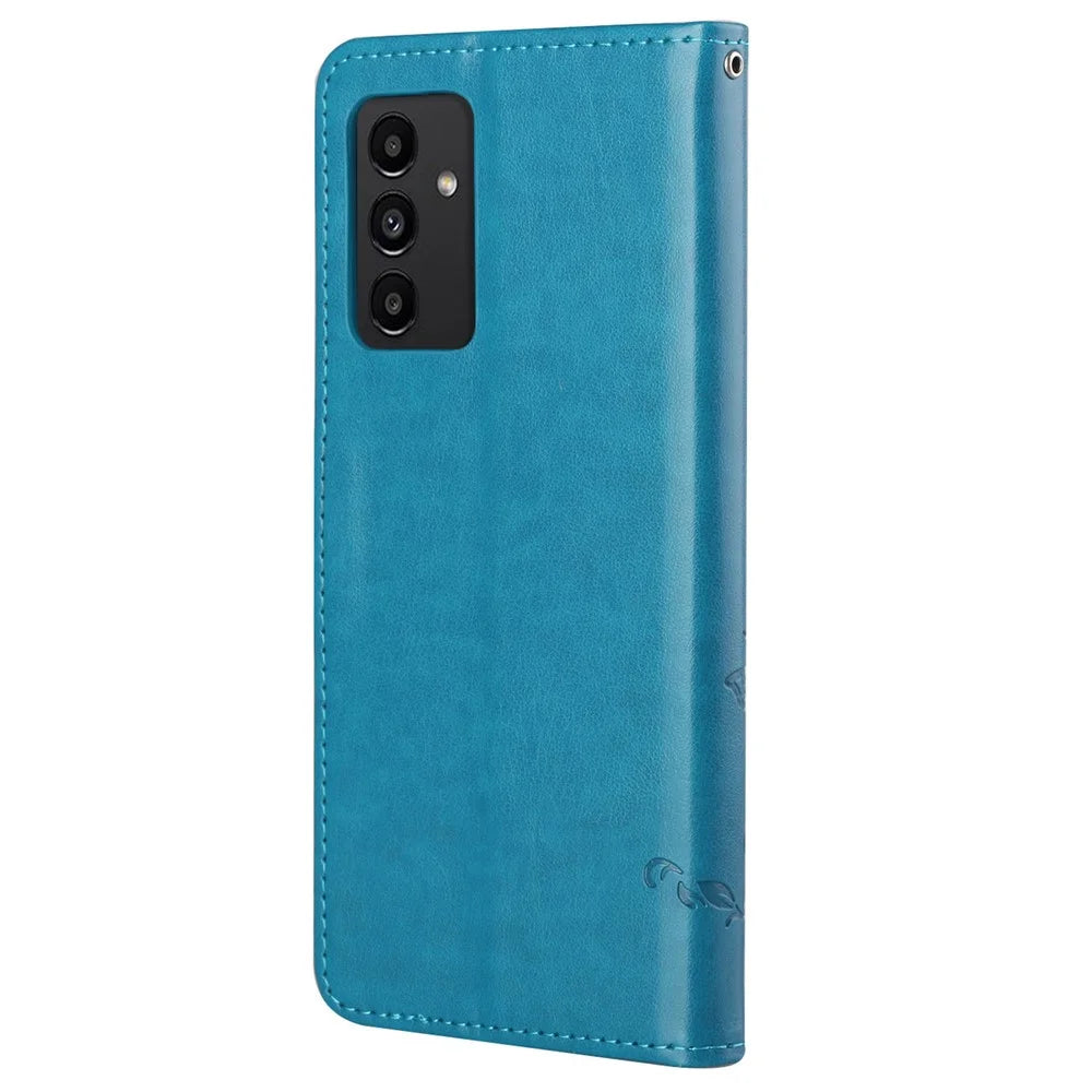 For Samsung Galaxy A13 4G Imprinted Butterflies Flower Anti-fall PU Leather Wallet Function Phone Case Stand Shell - Blue - 3