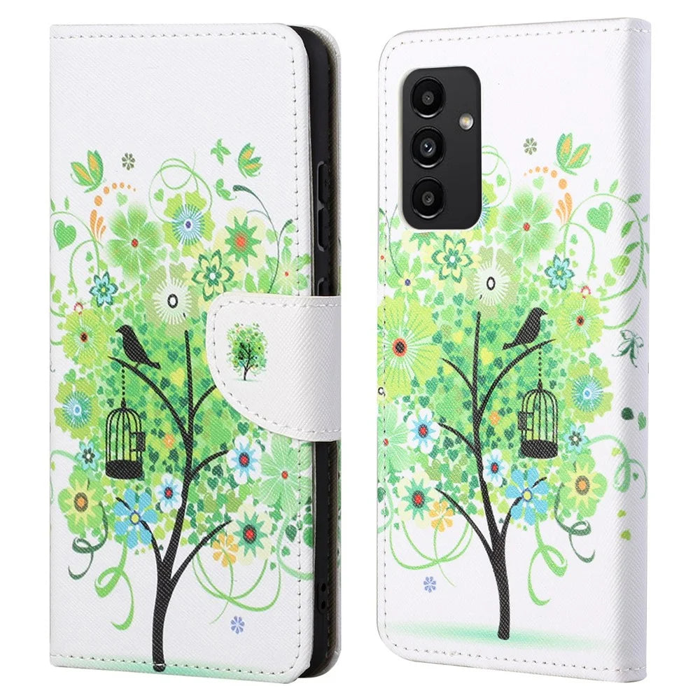 For Samsung Galaxy A13 4G Stand Wallet Cross Texture Leather Cover Pattern Printing Shockproof Phone Case - Green Tree - 1