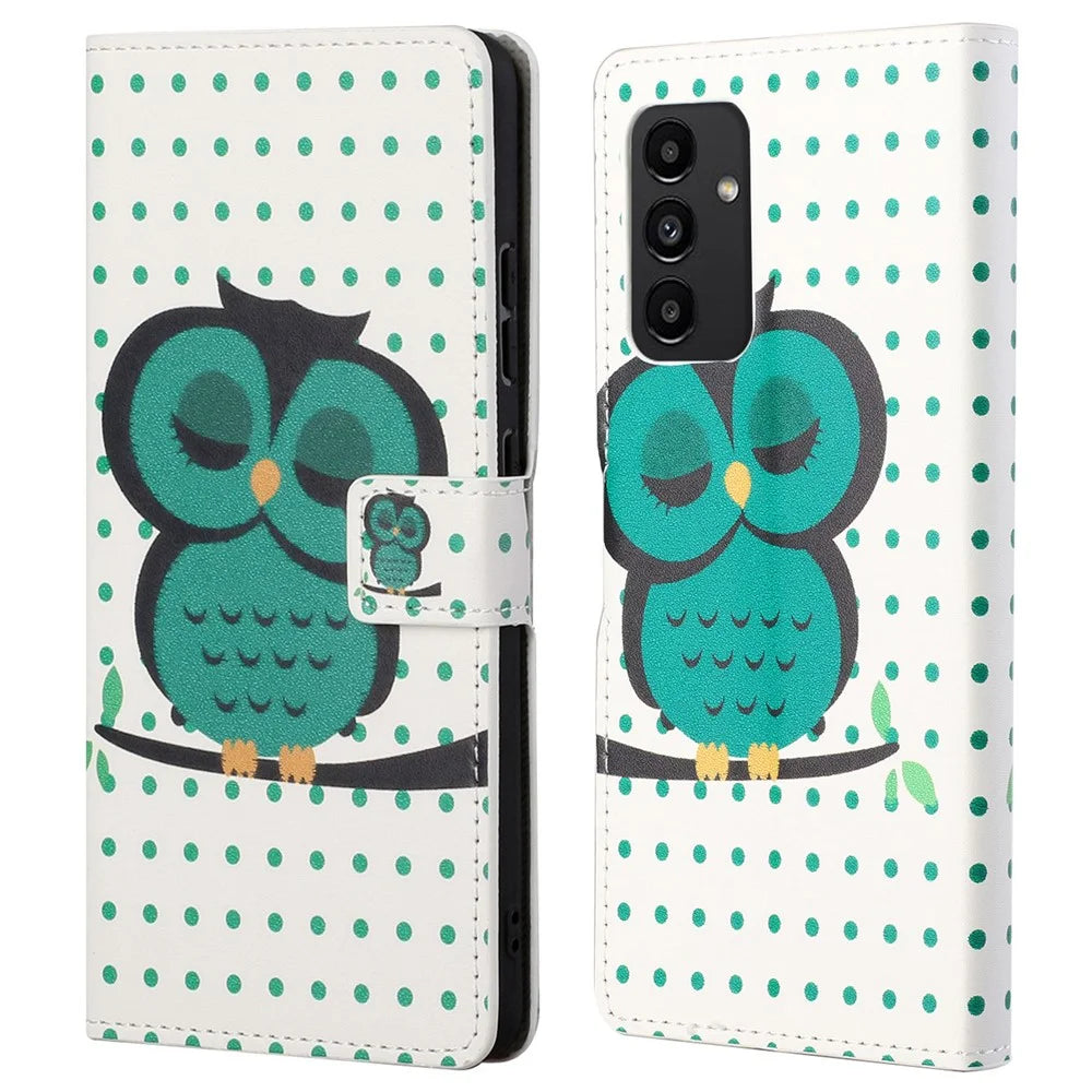 For Samsung Galaxy A13 4G Pattern Printing Foldable Stand PU Leather Phone Cover Wallet Shell - Green Owl - 1