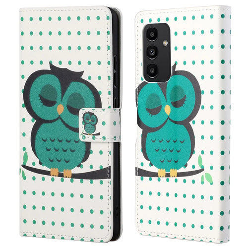 For Samsung Galaxy A13 4G Pattern Printing Foldable Stand PU Leather Phone Cover Wallet Shell - Green Owl - 1