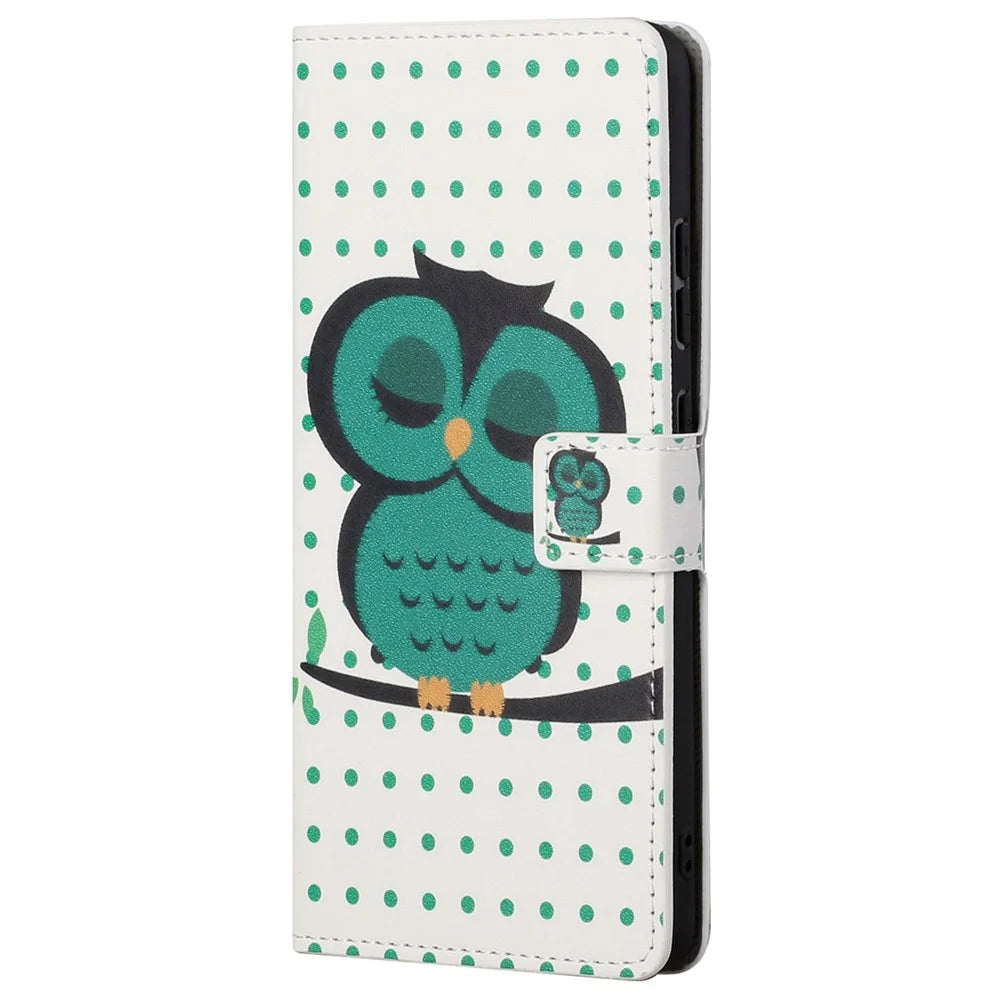 For Samsung Galaxy A13 4G Pattern Printing Foldable Stand PU Leather Phone Cover Wallet Shell - Green Owl - 2
