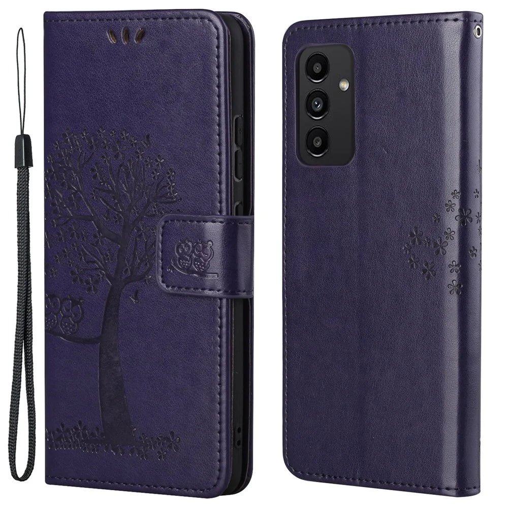 For Samsung Galaxy A13 4G Owl Tree Pattern Imprinted Magnetic Clasp PU Leather Phone Case Stand Wallet Cover with Strap - Dark Purple - 1