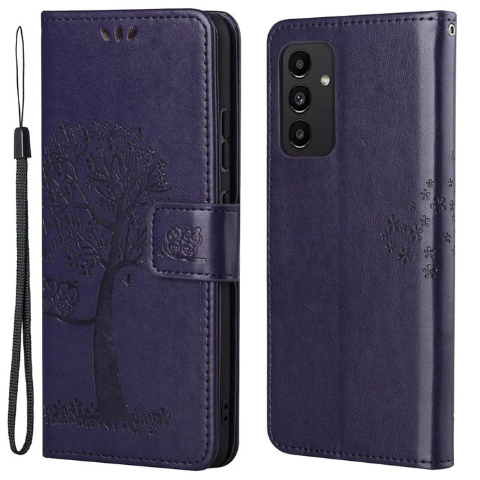 For Samsung Galaxy A13 4G Owl Tree Pattern Imprinted Magnetic Clasp PU Leather Phone Case Stand Wallet Cover with Strap - Dark Purple - 1