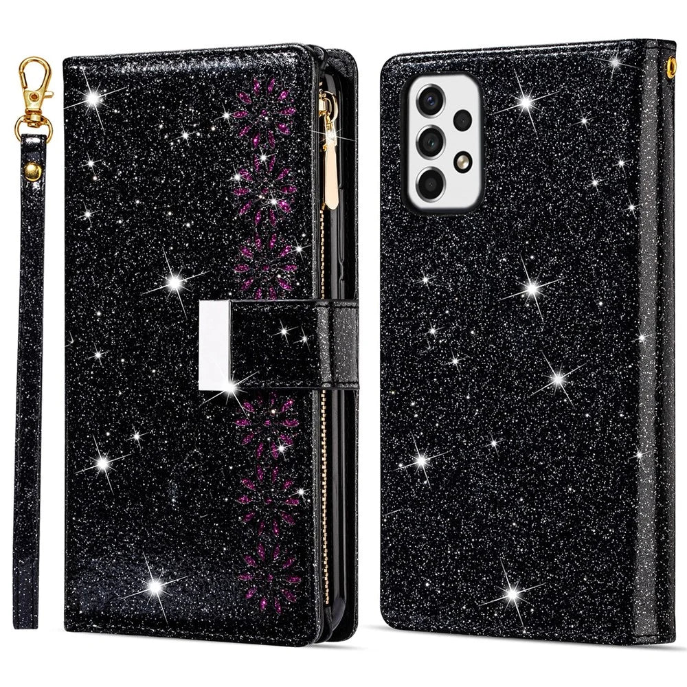 Drop-proof Laser Workmanship Starry Style Zipper Wallet Stand Leather Phone Case with Strap for Samsung Galaxy A53 5G - Black - 1
