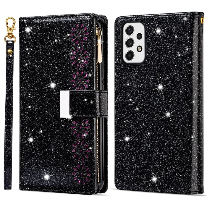 Drop-proof Laser Workmanship Starry Style Zipper Wallet Stand Leather Phone Case with Strap for Samsung Galaxy A53 5G - Black - 1