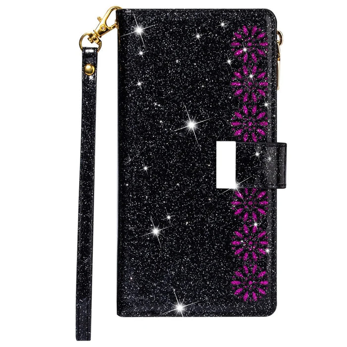 Drop-proof Laser Workmanship Starry Style Zipper Wallet Stand Leather Phone Case with Strap for Samsung Galaxy A53 5G - Black - 2