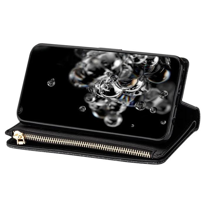 Drop-proof Laser Workmanship Starry Style Zipper Wallet Stand Leather Phone Case with Strap for Samsung Galaxy A53 5G - Black - 4