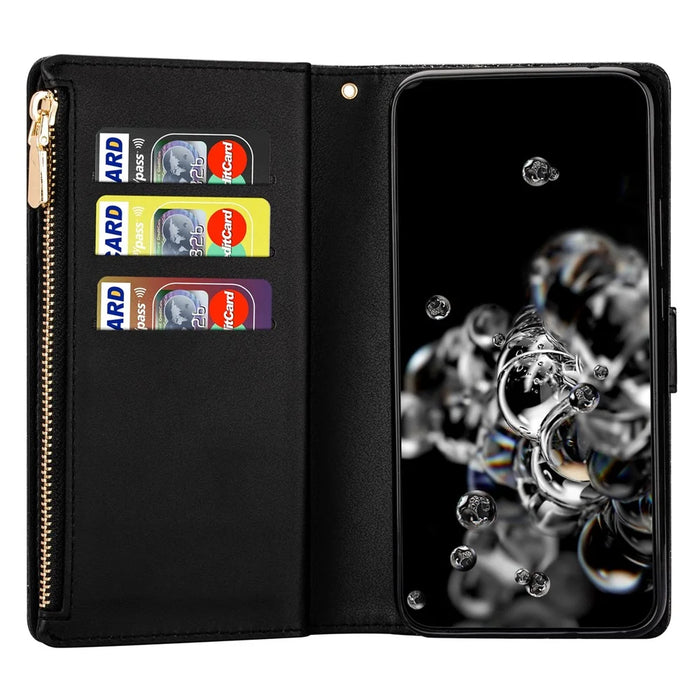 Drop-proof Laser Workmanship Starry Style Zipper Wallet Stand Leather Phone Case with Strap for Samsung Galaxy A53 5G - Black - 5